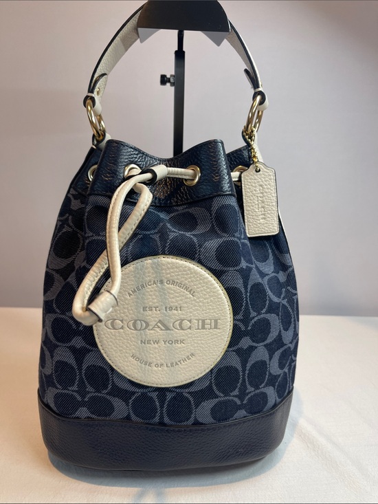 Coach Handbags - Coach D2132-C4104 Signature Jacquard Mini Bucket Bag Navy Blue & Chalk Leather